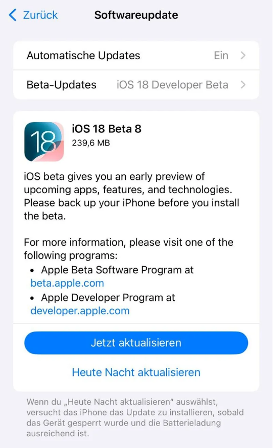 涉县苹果手机维修分享苹果 iOS / iPadOS 18 开发者预览版 Beta 8 发布 